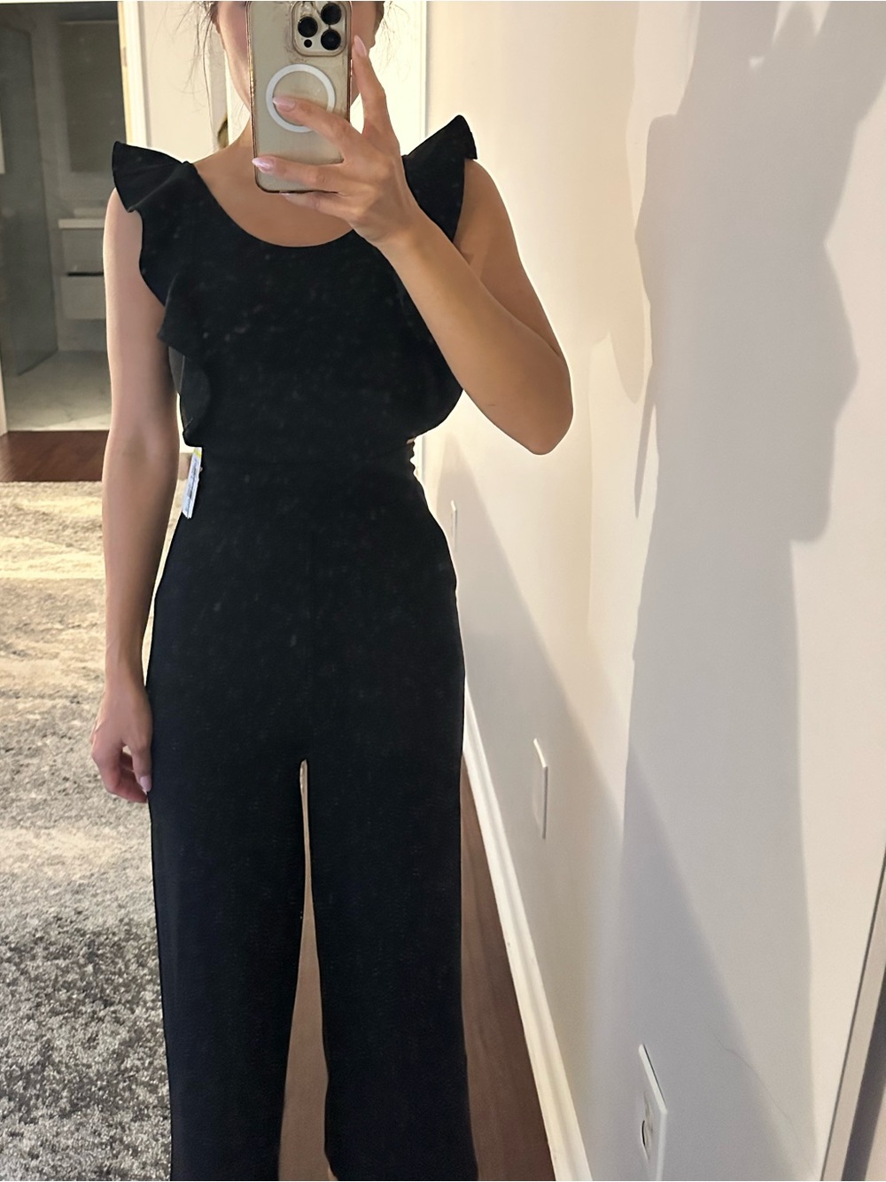Petal & Pup Black Ruffle-Shoulder Wide-Leg Jumpsuit